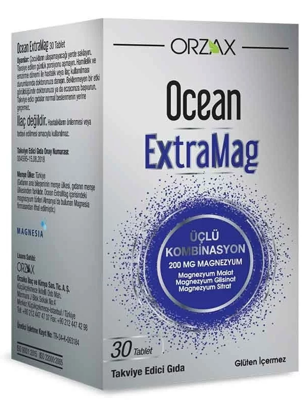 Orzax Ocean ExtraMag Üçlü Kombinasyonu 30 Tablet magnezyum vitamim mineral saglik orjinal urun