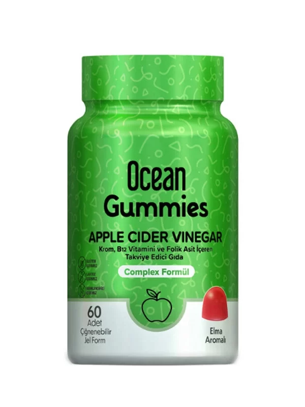 Orzax Ocean Gummies Apple Cider Vinegar Takviye Edici Gıda 60 Adet Çiğnenebilir Form krom b12 vitamin aolik asit takviye