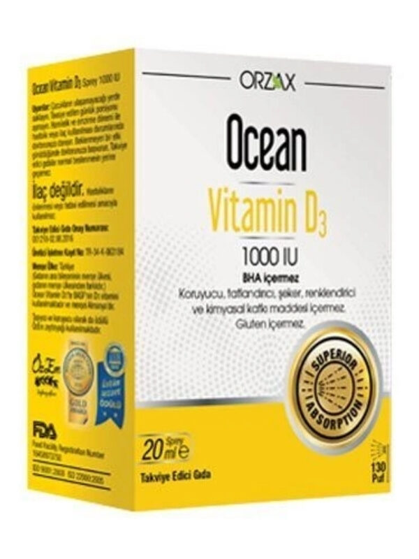 Orzax Ocean Vitamin D3 1000 IU Takviye Edici Gıda Oral Sprey 20 ml