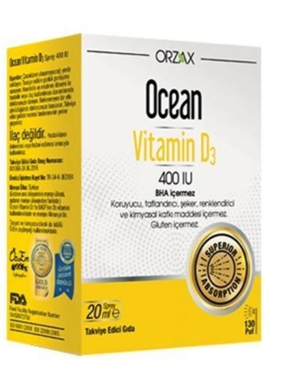 Orzax Ocean Vitamin D3 400 IU Takviye Edici Gıda Oral Sprey 20 ml