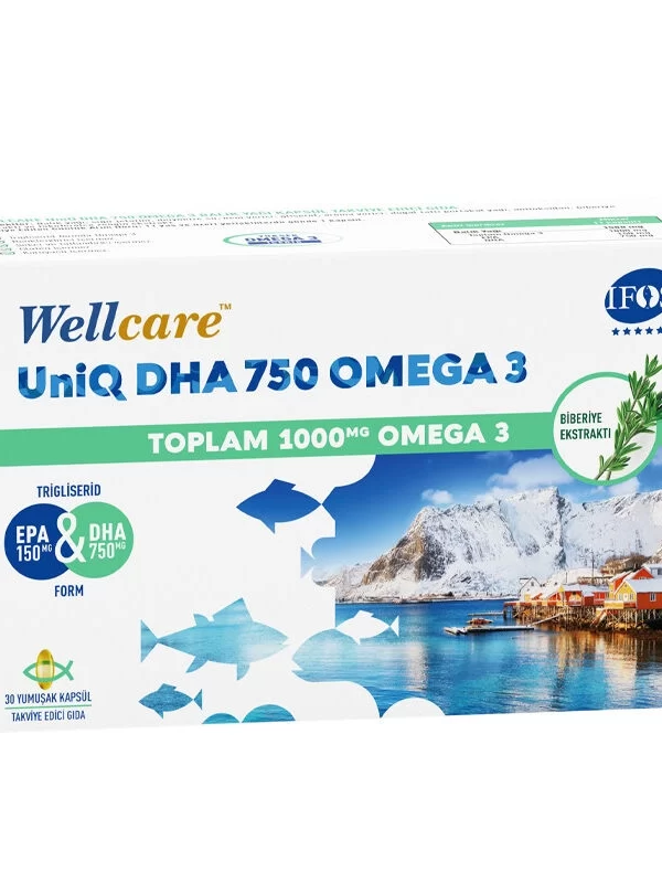 Wellcare UniQ DHA 750 Omega 3 Balık Yağı 1000 mg 30 Kapsül takviye mineral vitamin orjinal urun